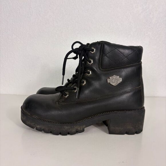 Harley Davidson Women's Black Leather Lace Up Chunky Heeled Boots Size 7 - Picture 1 of 10